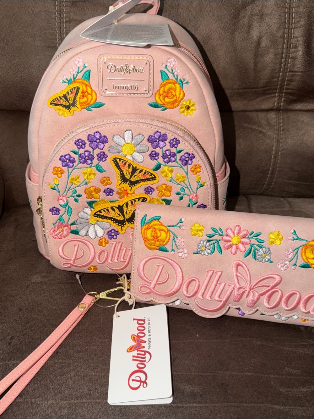 Dolly Parton Dollywood Pink Embroidered Butterfly Loungefly Backpack Wallet Set🦋